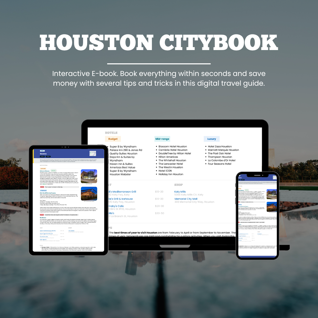 Promotional graphic for the Houston Citybook interactive e-book, showing a laptop, tablet, and smartphone mockup displaying the digital travel guide against a blurred waterfront background. Large white text at the top reads 'HOUSTON CITYBOOK' with descriptive copy below.