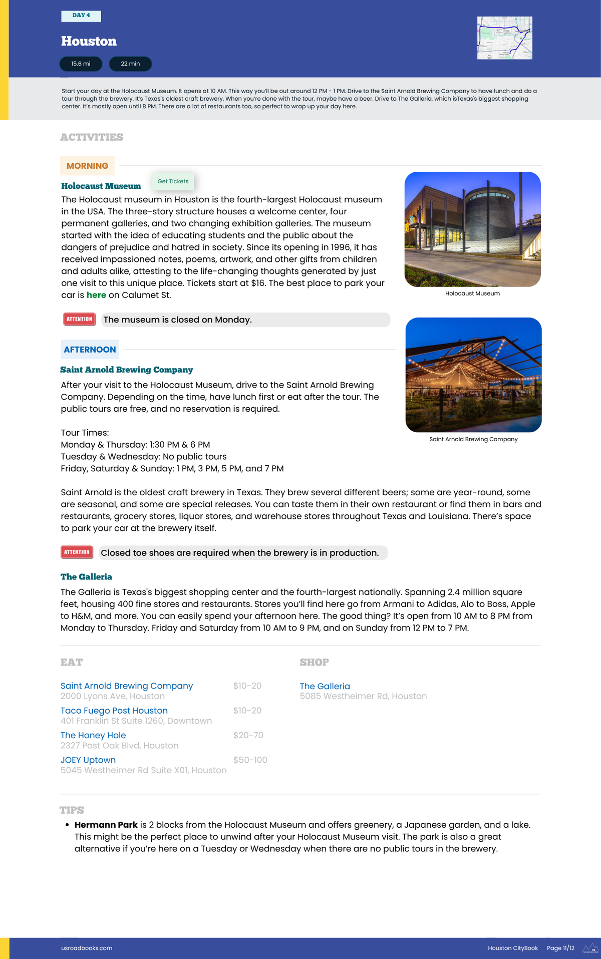 A printed or digital informational poster for Houston, Texas, featuring a map, activity suggestions for museums and bowling, restaurant options, and a list of attractions with times and prices.