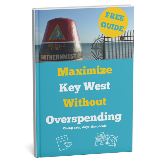 Book cover with 'Maximize Key West Without Overspending' text and Southernmost Point lighthouse image.