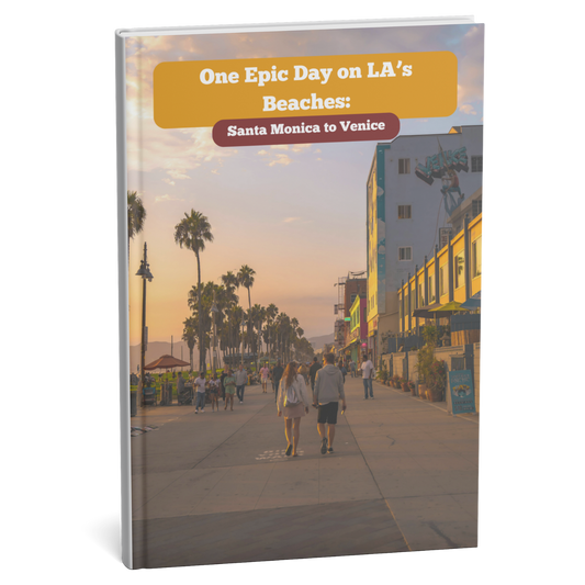 Book cover with a scenic view of a street with palm trees and people walking, titled 'One Epic Day on LA's Beaches: Santa Monica to Venice'.
