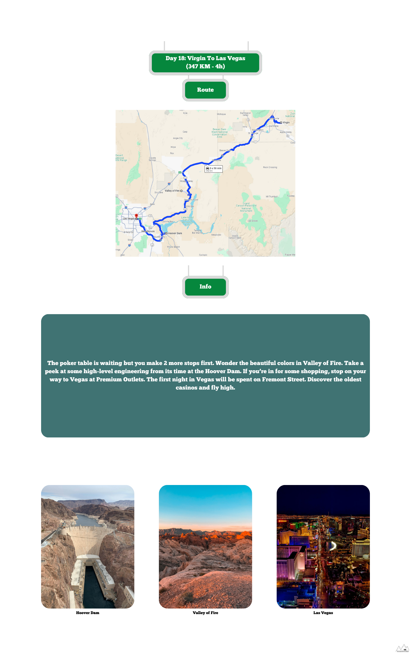 Overview page with a map linked to Google Maps and a brief summery of a day of the 25 Days South West USA roadbook by USRoadbooks