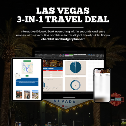 Promotional graphic for a Las Vegas travel deal with digital devices displaying content.