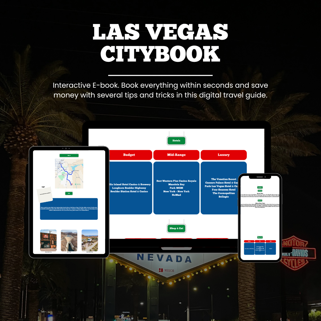 Promotional graphic for 'Las Vegas Citybook' with digital devices displaying its features.