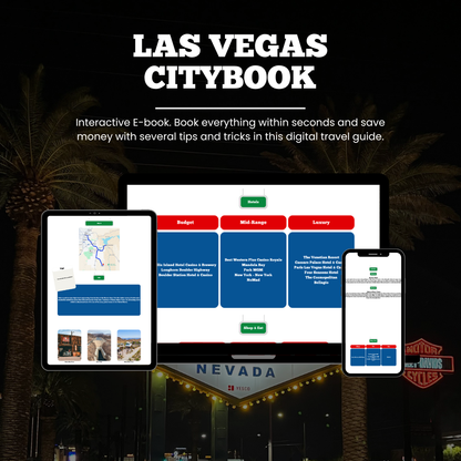 Promotional graphic for 'Las Vegas Citybook' with digital devices displaying its features.