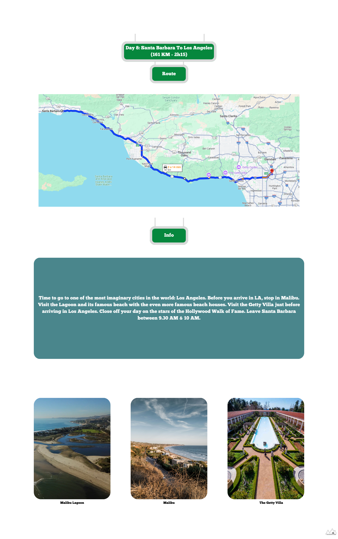 Overview page with a map linked to Google Maps and a brief summery of a day of the Highway 1 roadbook by USRoadbooks