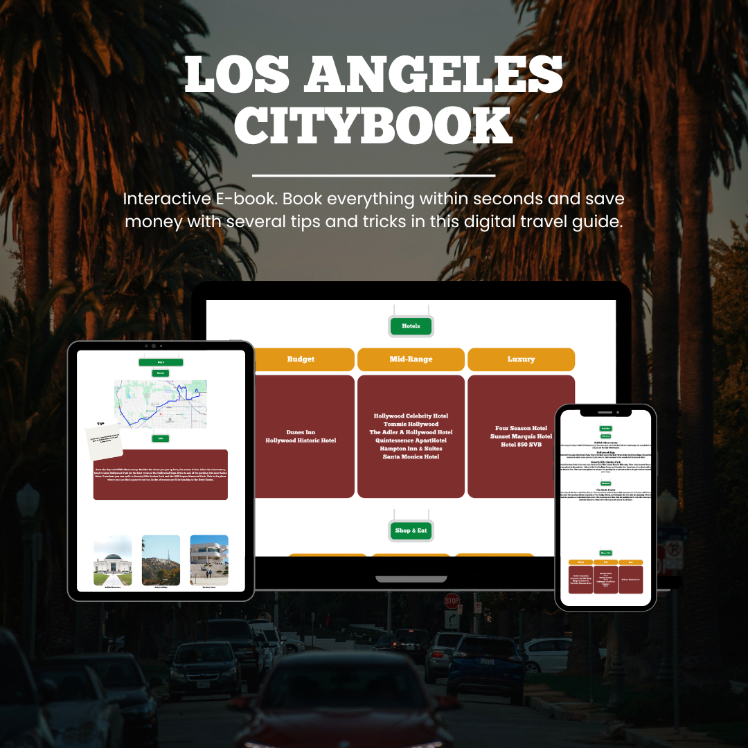 Promotional graphic for 'Los Angeles Citybook' with digital device screens showing the e-book interface.