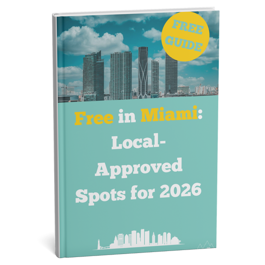 Book cover with Miami skyline and text 'Free in Miami: Local-Approved Spots for 2026' on a white background