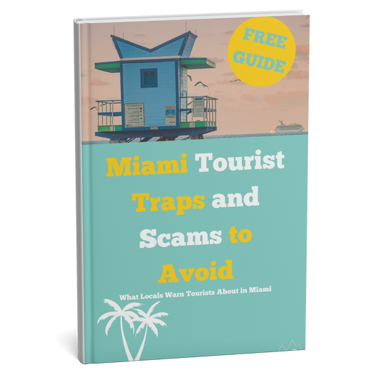 Book titled 'Miami Tourist Traps and Scams to Avoid' with a beach house illustration on a white background