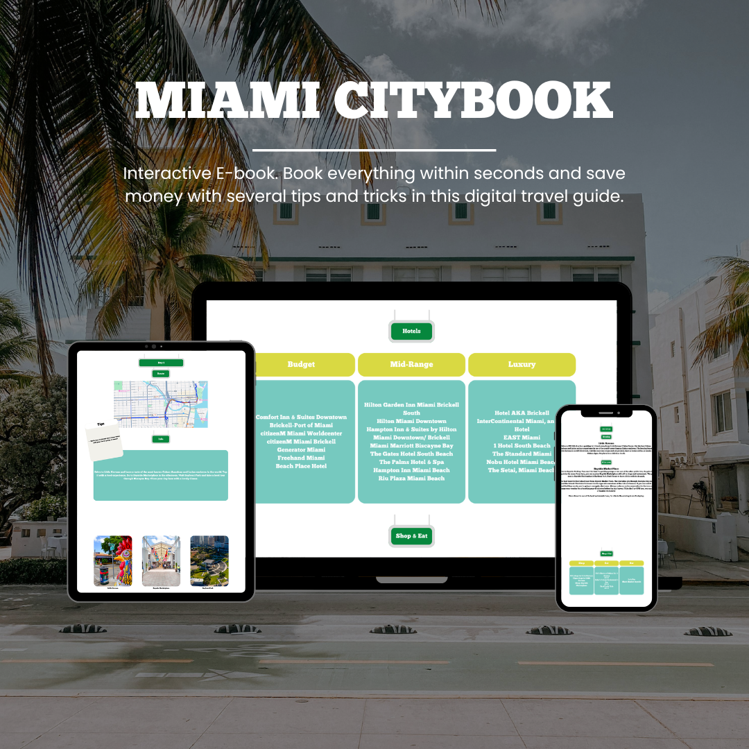 Miami Citybook promotional graphic with digital devices displaying app interface.