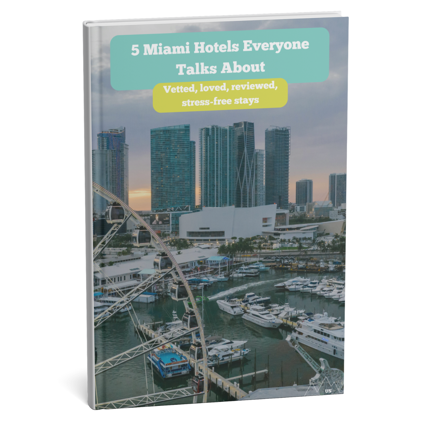 Book cover with Miami skyline and marina, featuring text about recommended hotels.
