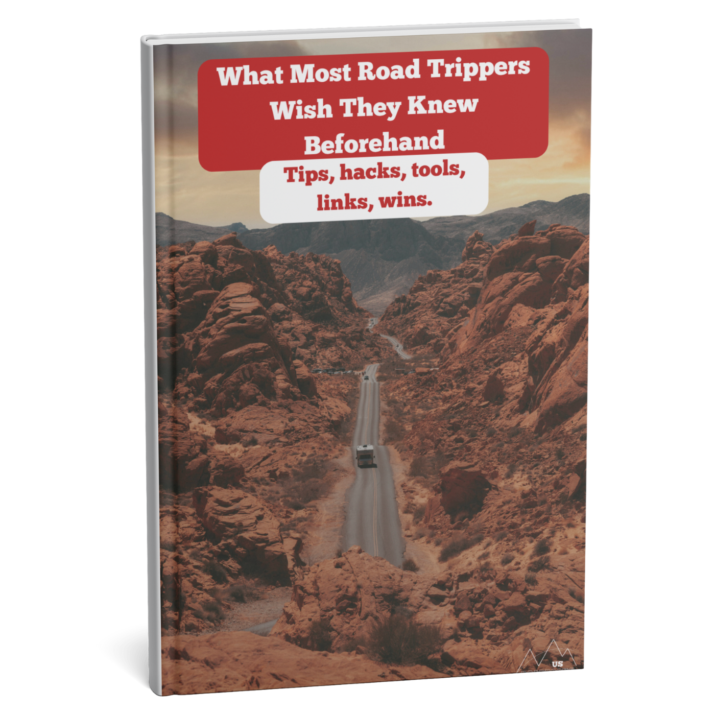 Book cover with a road trip theme and mountain landscape