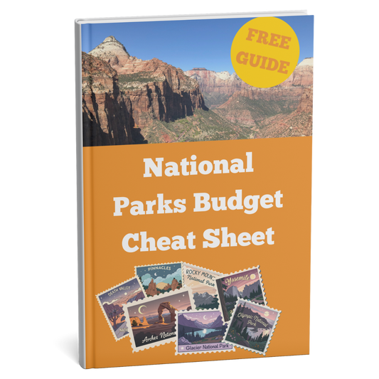 Book titled 'National Parks Budget Cheat Sheet' with a scenic cover and free guide badge.