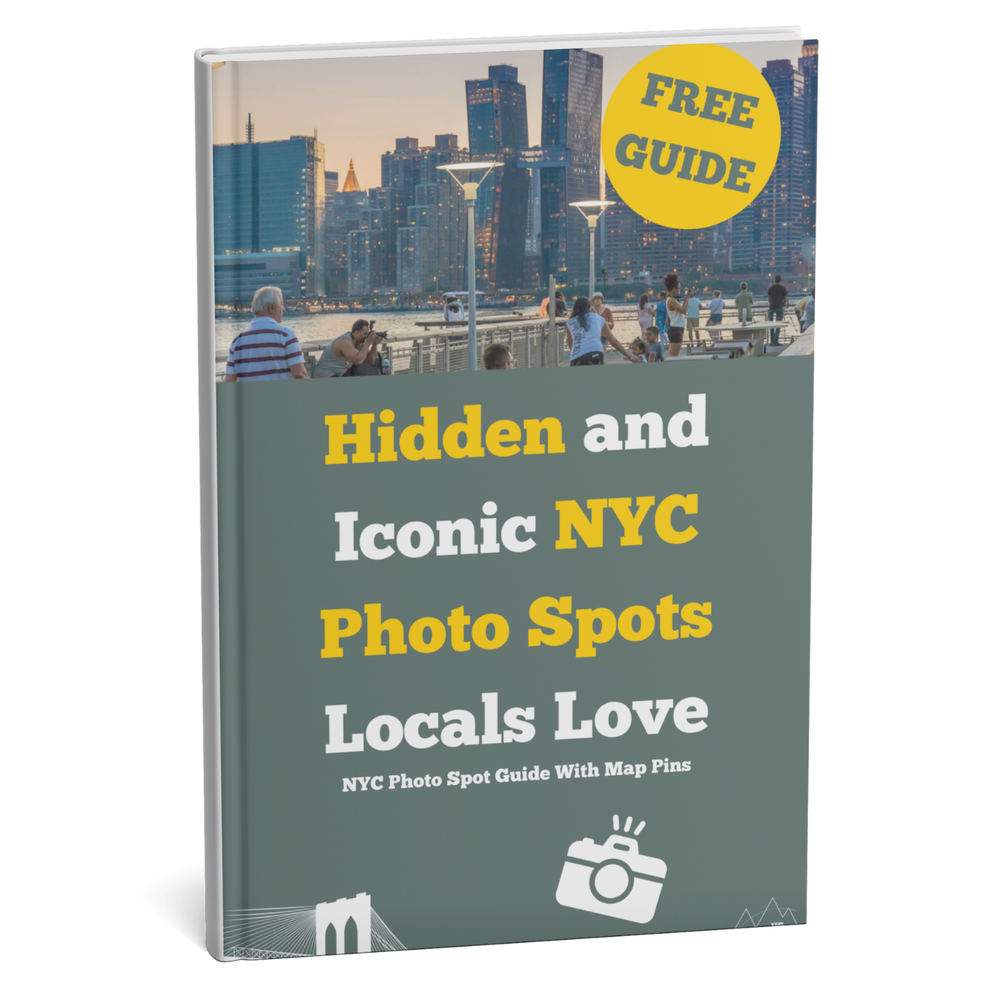 Book cover of 'Hidden and Iconic NYC Photo Spots Locals Love' with a cityscape background.