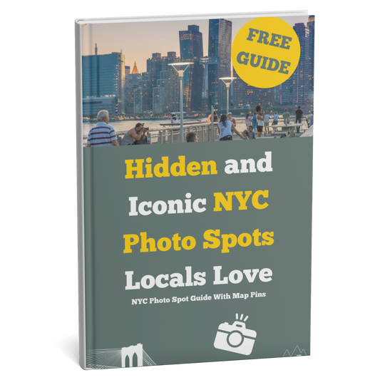 Book cover of 'Hidden and Iconic NYC Photo Spots Locals Love' with a cityscape background.
