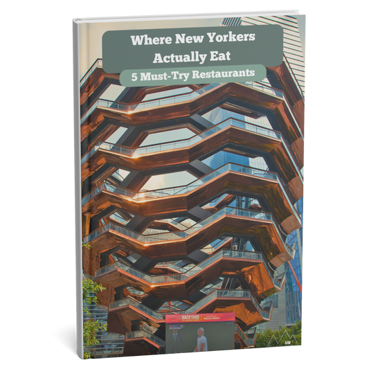 Book cover with a modern architectural structure and text about New York restaurants