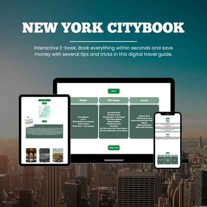 Promotional graphic for 'New York Citybook' with digital devices displaying the app interface against a cityscape background.