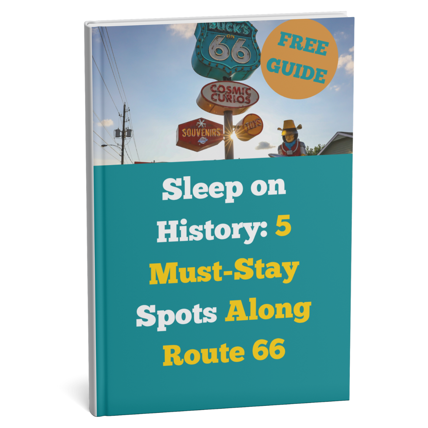 Book cover with Route 66 sign and text about must-visit spots along the route