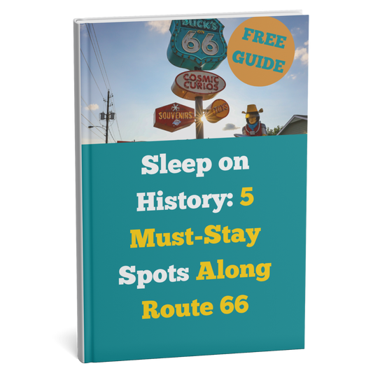 Book cover with Route 66 sign and text about must-visit spots along the route