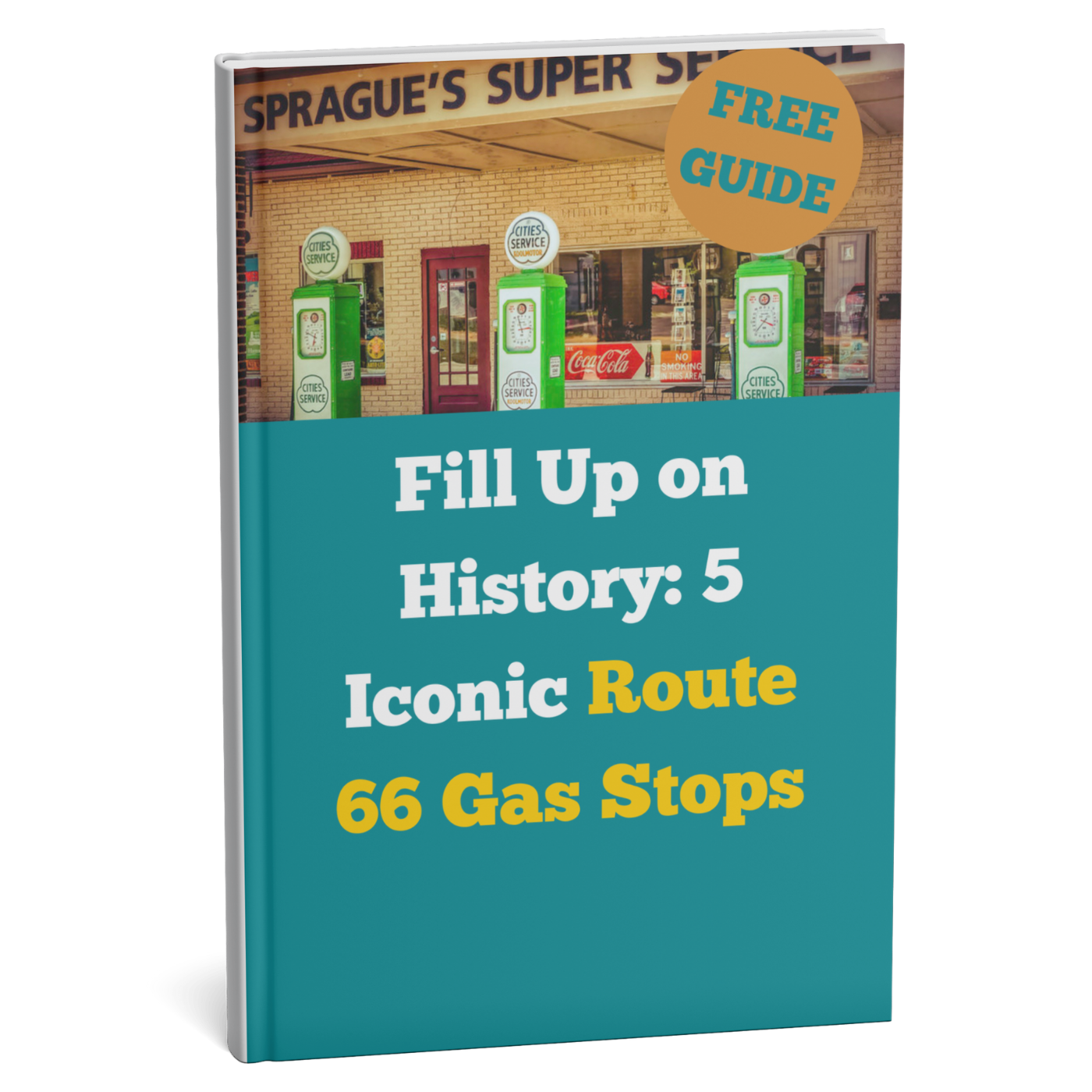 Book cover with vintage gas station imagery and text about Route 66 gas stops.