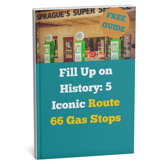 Book cover with vintage gas station imagery and text about Route 66 gas stops.