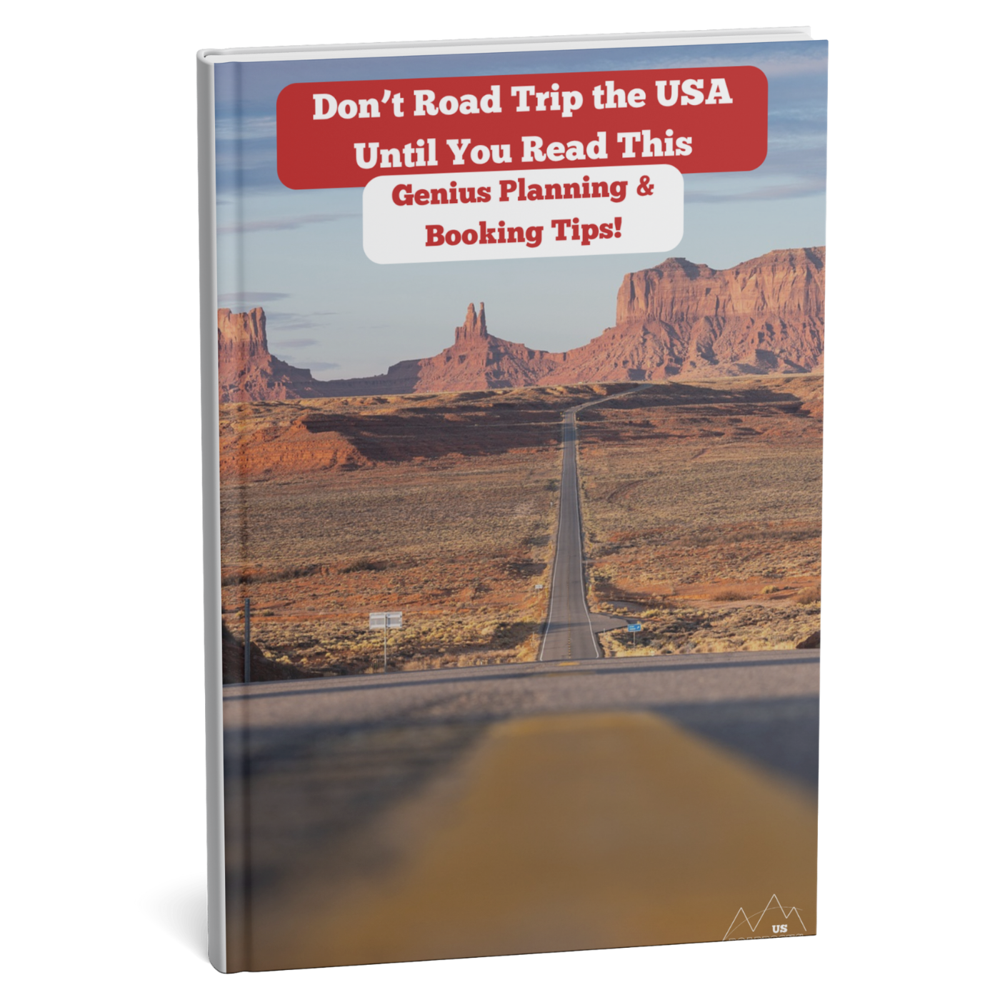Book cover with a scenic road and mountains, featuring text about road trip planning.