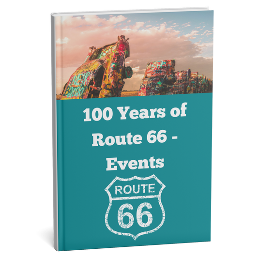 Book titled '100 Years of Route 66 Events' with a scenic cover on a white background