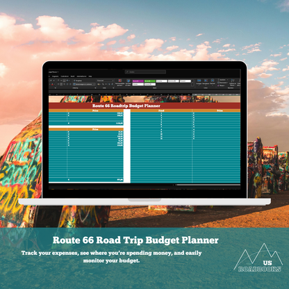 Laptop displaying Route 66 Road Trip Budget Planner with colorful bus and sunset in the background