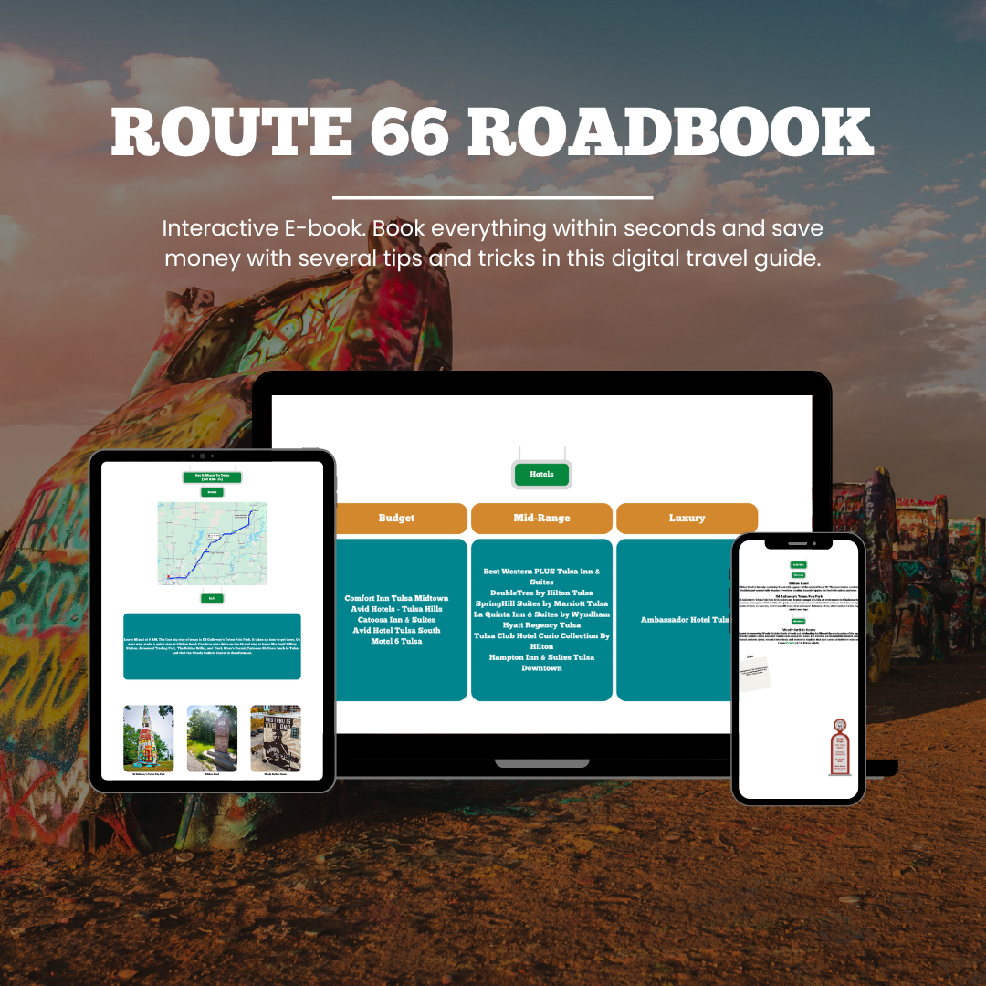 Route 66 Roadbook digital travel guide displayed on a tablet, smartphone, and computer screen with a blurred Route 66 backdrop.