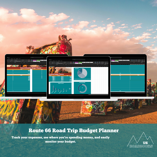 Route 66 Road Trip Budget Planner with digital interface on screens against a colorful mural background.