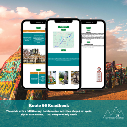Three smartphones displaying Route 66 Roadbook app with a colorful building in the background