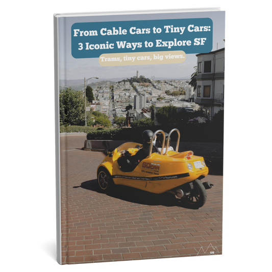Book cover with a yellow cable car and San Francisco skyline
