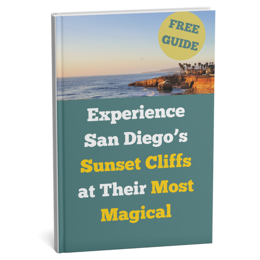 Book cover with a scenic view of San Diego's Sunset Cliffs and promotional text.