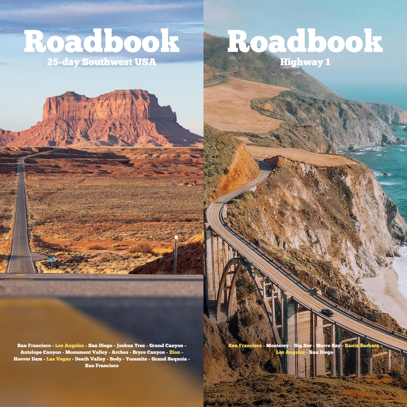 Two covers of 'Roadbook' featuring scenic landscapes with roads and natural beauty.