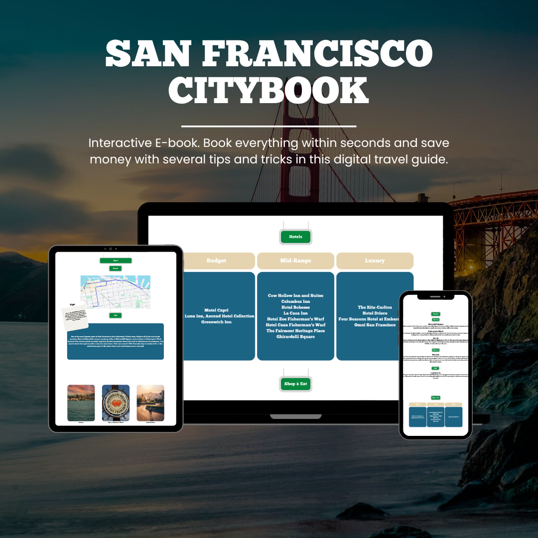Promotional graphic for 'San Francisco Citybook' with digital devices displaying app interface against a cityscape background.