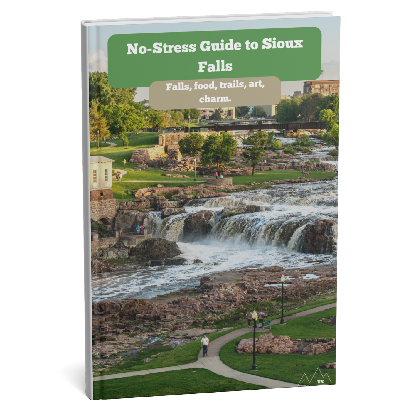 Book titled 'No-Stress Guide to Sioux Falls' with a scenic cover featuring a waterfall and park.