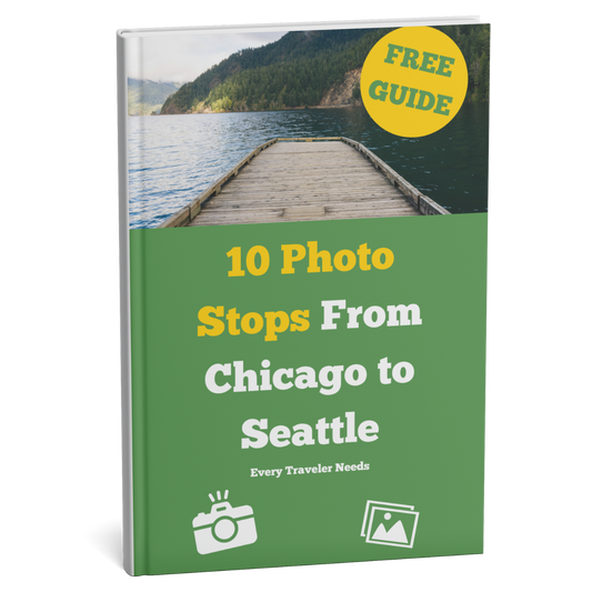 Book cover with a scenic image of a dock and lake, titled '10 Photo Stops From Chicago to Seattle'.