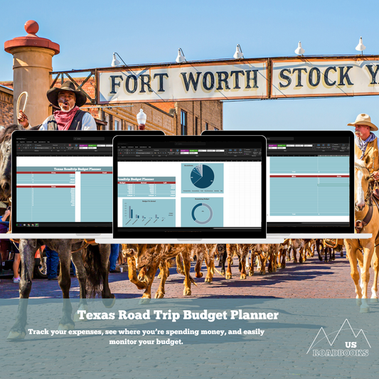 Texas Road Trip Budget Planner with Fort Worth Stockyards background