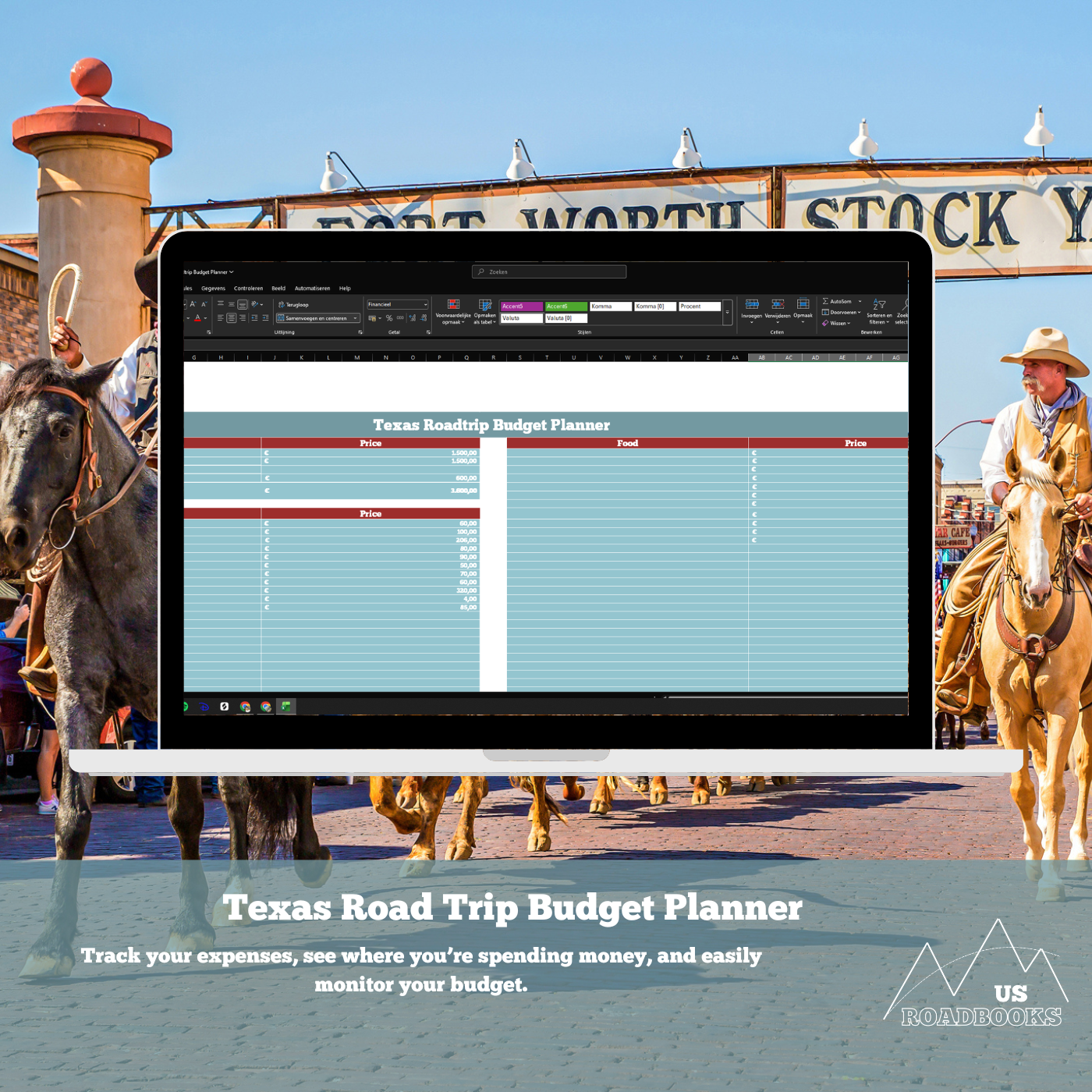 Computer screen displaying a Texas Road Trip Budget Planner with a cowboy and horses in the background.