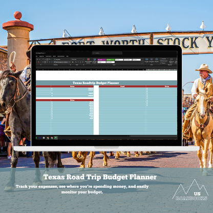 Computer screen displaying a Texas Road Trip Budget Planner with a cowboy and horses in the background.