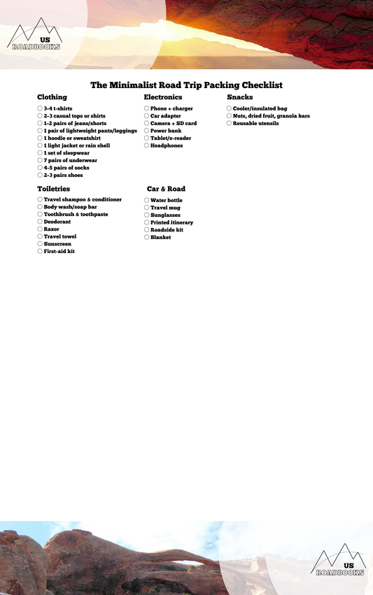 Minimalist road trip packing checklist with desert landscape background