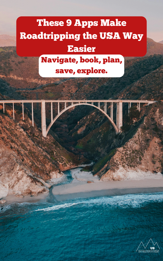 Bridge over a scenic coastal road with text overlay about roadtripping apps.