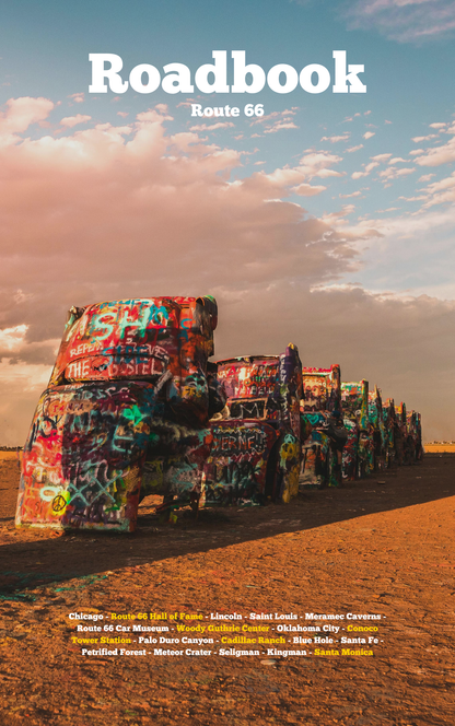Colorful truck sculpture with 'Cadillac Ranch' text against a desert sky, featuring the title 'Roadbook Route 66'.