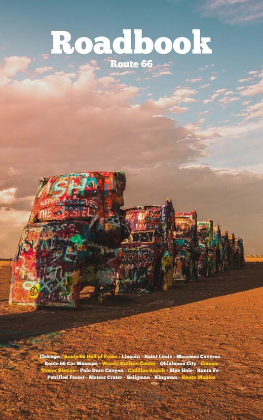 Colorful truck sculpture with 'Cadillac Ranch' text against a desert sky, featuring the title 'Roadbook Route 66'.