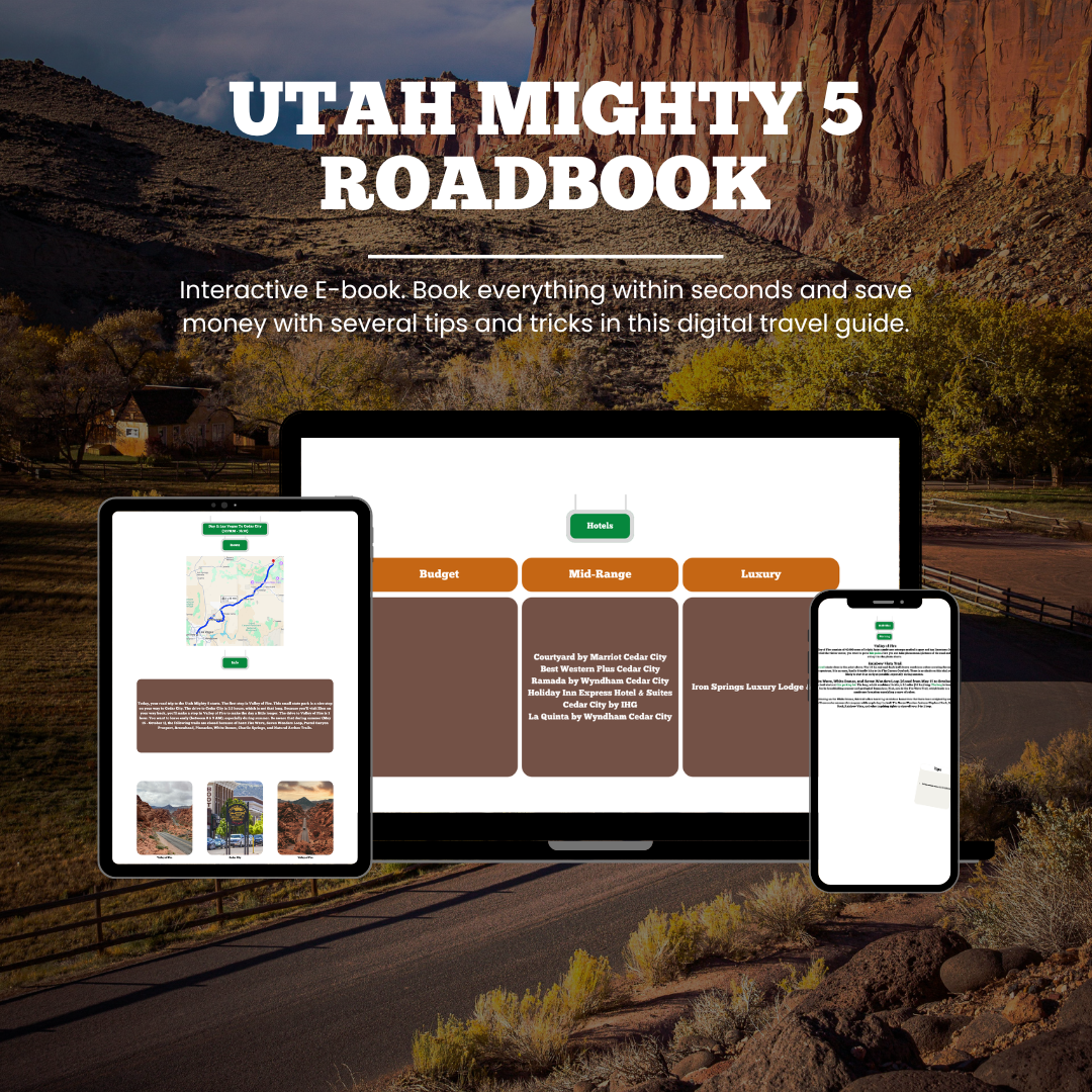 Promotional graphic for 'Utah Mighty 5 Roadbook' with digital devices and desert landscape.