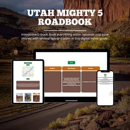 Promotional graphic for 'Utah Mighty 5 Roadbook' with digital devices and desert landscape.