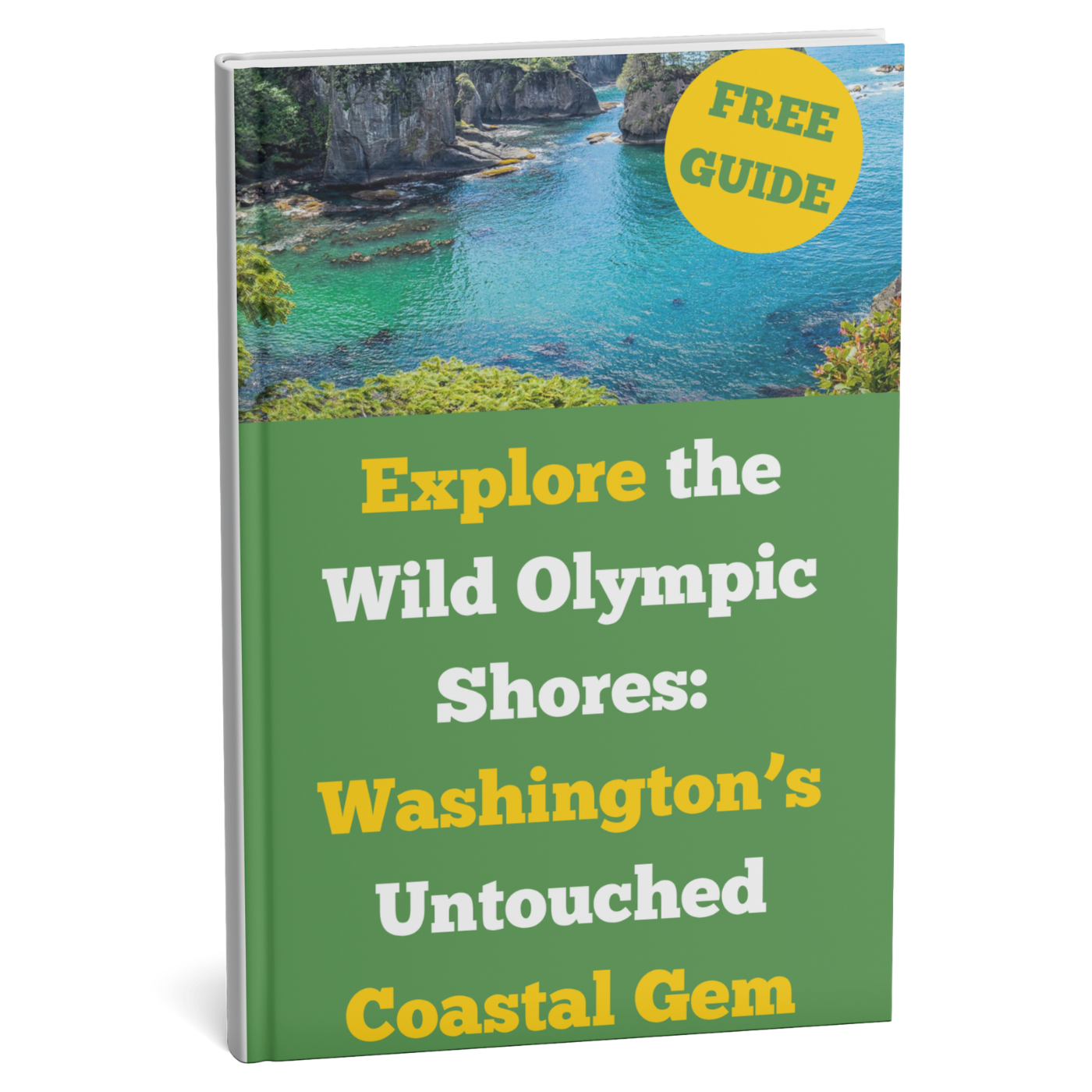 Book cover with a scenic view of a coastal area and text about exploring the Wild Olympic Shores.