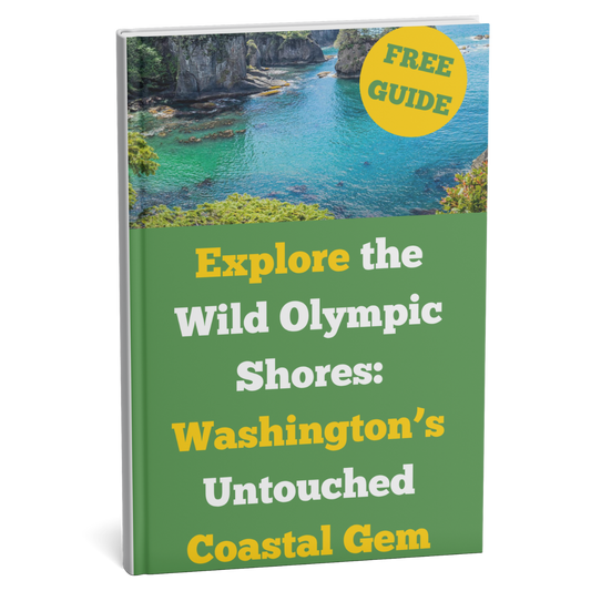 Book cover with a scenic view of a coastal area and text about exploring the Wild Olympic Shores.