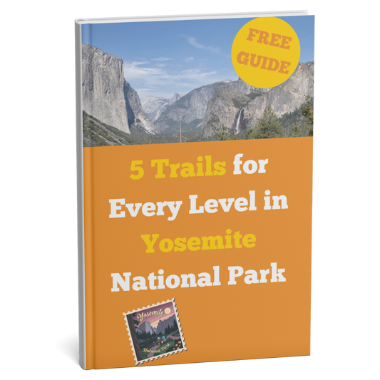 Book cover with Yosemite National Park scenery and text about trails.