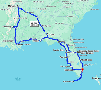 Map with the full route of the 24 Days Florida, Memphis & New Orleans road trip by USRoadbooks